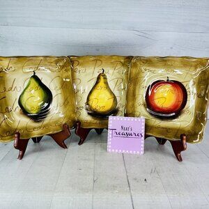 Tabletops FRUITION Hand Painted Pear Apple Lime Ceramic Lunch Salad Plates Set 3